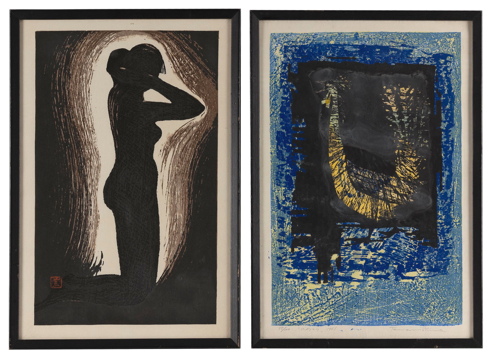 TWO JAPANESE WOODBLOCK PRINTS 20th Century On paper, 16" x 11" sight. Framed 17" x 12".: TWO JAPANESE WOODBLOCK PRINTS20th Century1) Kneeling Nude by Kaoru Kawano (1916-1965). Seal marked in plate lower left.2) Rooster by Tamini Shima (1937-). Signed, dated 1961 and numbered 85/100.On pap
