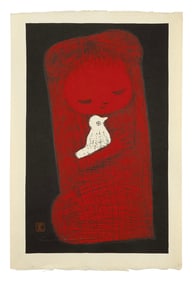 KAORU KAWANO (Japan, 1916-1965), Girl and Bird., Woodblock print, 17" x 11". Unframed.