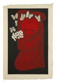 KAORU KAWANO (Japan, 1916-1965), Girl and Butterfiles., Woodblock print, 17" x 11". Unframed.