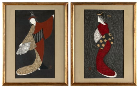 KAORU KAWANO (Japan, 1916-1965), Two portraits of fan dancers., Woodblock prints, 12.25" x 8.25"
