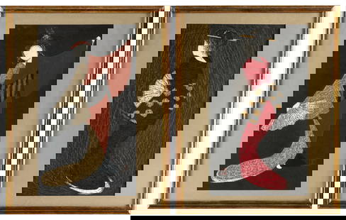 KAORU KAWANO (Japan, 1916-1965), Two portraits of fan dancers., Woodblock prints, 12.25" x 8.25": KAORU KAWANOJapan, 1916-1965Two portraits of fan dancers. Both seal marked in image lower right.Woodblock prints, 12.25" x 8.25" sight. Framed 17" x 13.5".