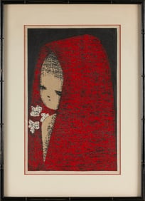 KAORU KAWANO (Japan, 1916-1965), Dream Girl with a Red Hood., Woodblock print, 14.5" x 9.5" sight.