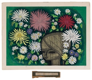 SHUZO IKEDA (Japan, 1922-2004), Girl with Chrysanthemums., Woodblock print, dai oban yoko-e, 16.5" x