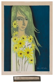 SHUZO IKEDA (Japan, 1922-2004), Girl with Daisies., Woodblock print, oban tate-e, 17.5" x 12.5".