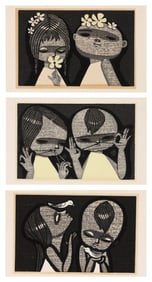 SHUZO IKEDA (Japan, 1922-2004), Three surimono:, Woodblock prints, 4.25" x 6.25". Overall 4.5" x