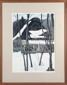 TED COLYER (Canada/Japan, 1947-), Hida in Snow., Woodblock print, 19" x 14" sight. Framed 27" x 22".