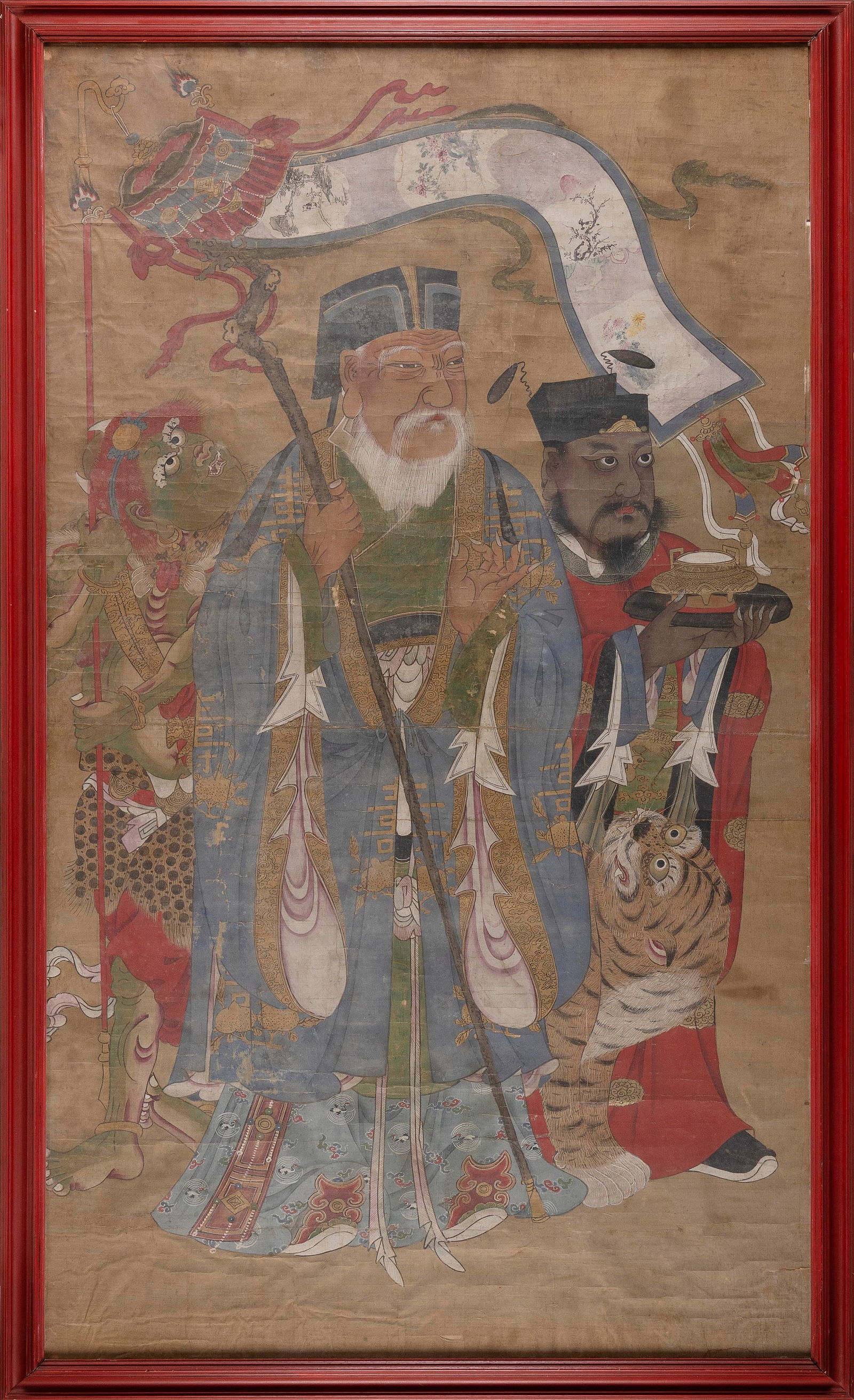 CHINESE CEREMONIAL PORTRAIT OF A DAOIST DEITY WITH ATTENDANTS Late Ming Dynasty, Circa 1700 On silk, (1 of 7)