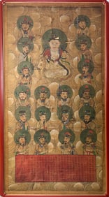 BUDDHIST PAINTING ON SILK 59.5" x 32.5". Framed 63.5" x 35".