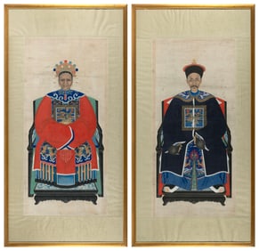 PAIR OF CHINESE ANCESTRAL PORTRAITS 48" x 24" sight.