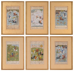 SET OF SIX PERSIAN BOOK PAGES DEPICTING MEN ON HORSEBACK 19th Century Gouaches on paper, 11.5" x 7"