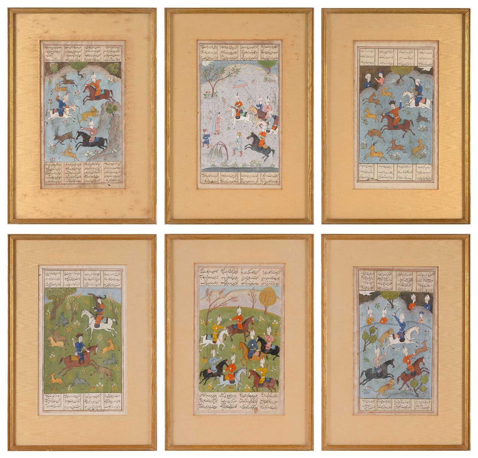 SET OF SIX PERSIAN BOOK PAGES DEPICTING MEN ON HORSEBACK 19th Century Gouaches on paper, 11.5" x 7" (1 of 3)