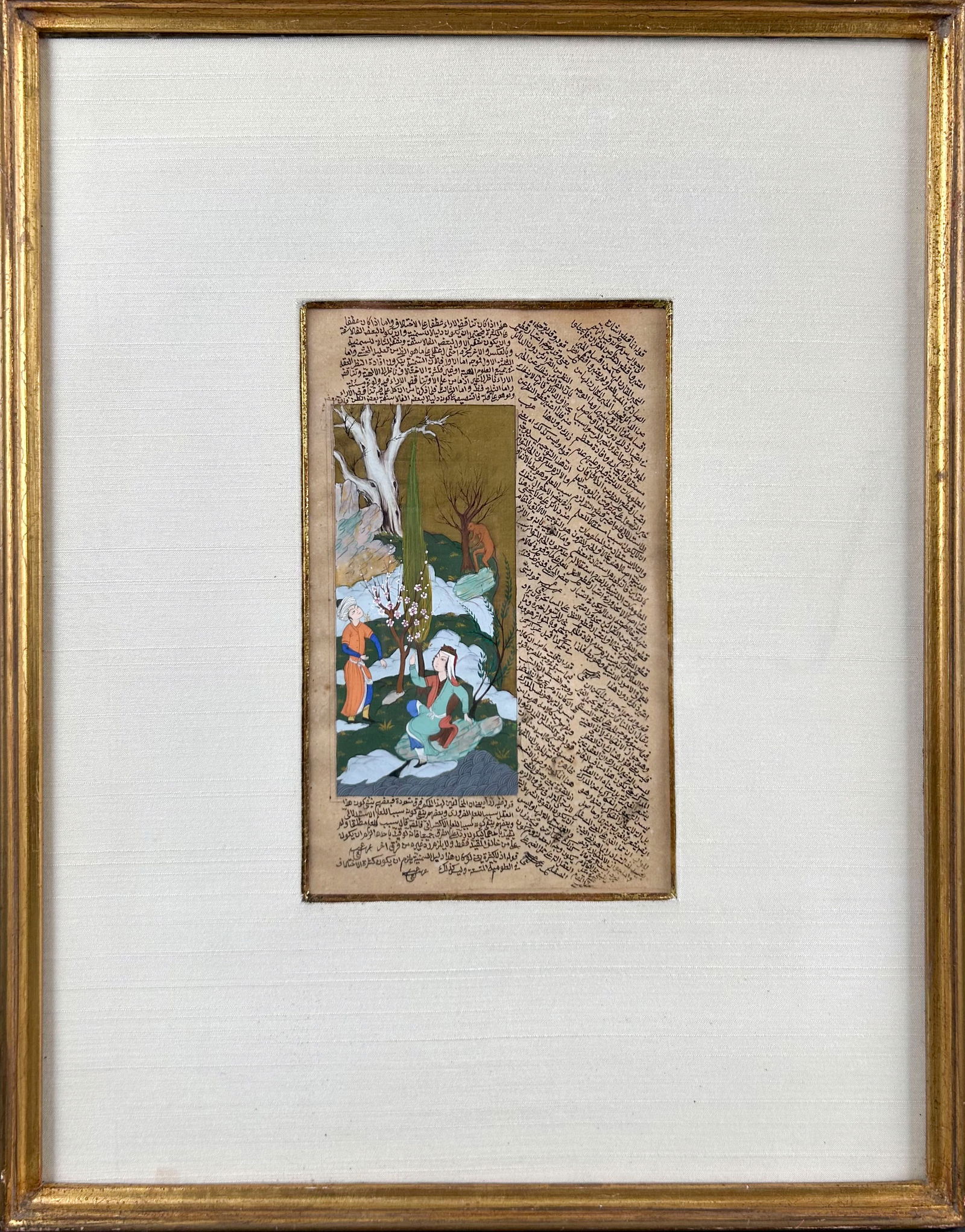 PERSIAN MOGHUL MANUSCRIPT PAINTING 19th Century Gouache and gilt on paper, 8" x 5" sight. Framed 16" (1 of 2)