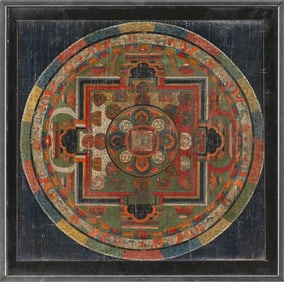TIBETAN MANDALA THANGKA 18th/19th Century Oil on cloth, 13" x 13". Framed 14.5" x 14.5".