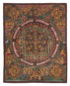 TIBETAN THANGKA 19th Century Mixed media on canvas, 15.5" x 12.75".