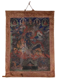 TIBETAN THANGKA 19th Century Oil on cloth, 34" x 26". Inclusive of border 43" x 32".