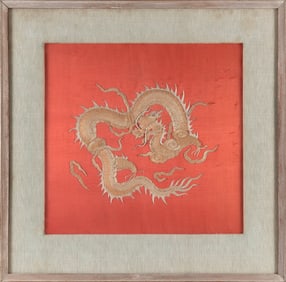 CHINESE DRAGON NEEDLEWORK ON SILK Early 20th Century 18" x 19" sight. Framed 27" x 27".