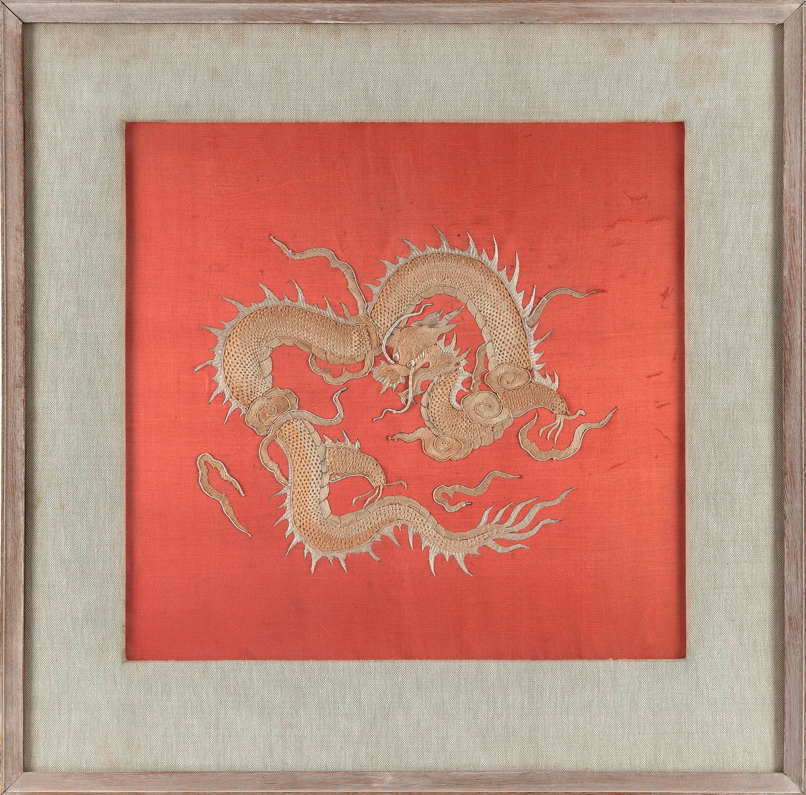 CHINESE DRAGON NEEDLEWORK ON SILK Early 20th Century 18" x 19" sight. Framed 27" x 27". (1 of 2)