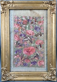 CHINESE FLORAL NEEDLEWORK ON SILK 19th Century 15.5" x 9.5" sight. Framed 19.5" x 13.5".