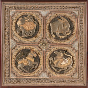 BURMESE TRAPUNTO TAPESTRY NEEDLEWORK Late 20th Century 26.5" x 26". Framed 28" x 28".