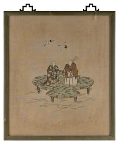 JAPANESE PICTORIAL EMBROIDERY ON SILK Late 19th Century 29.5" x 25.5" sight. Framed 32" x 27.5".