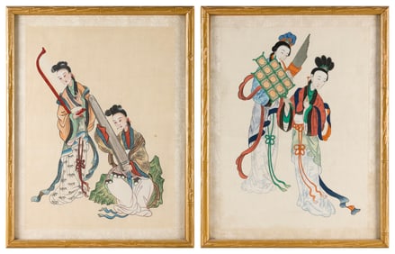 PAIR OF JAPANESE PAINTINGS ON SILK OF LADIES PLAYING MUSICAL INSTRUMENTS Meiji Period 16" x 12".