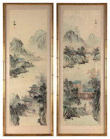 PAIR OF JAPANESE PAINTINGS ON SILK OF A MOUNTAINOUS RIVER LANDSCAPE Late 19th/Early 20th Century