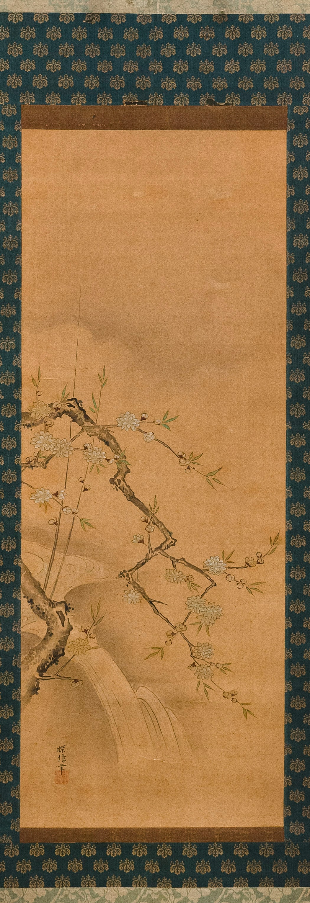 KANO SCHOOL SCROLL PAINTING ON SILK OF PRUNUS BRANCHES Japan, Early 19th Century 35" x 13". (1 of 9)