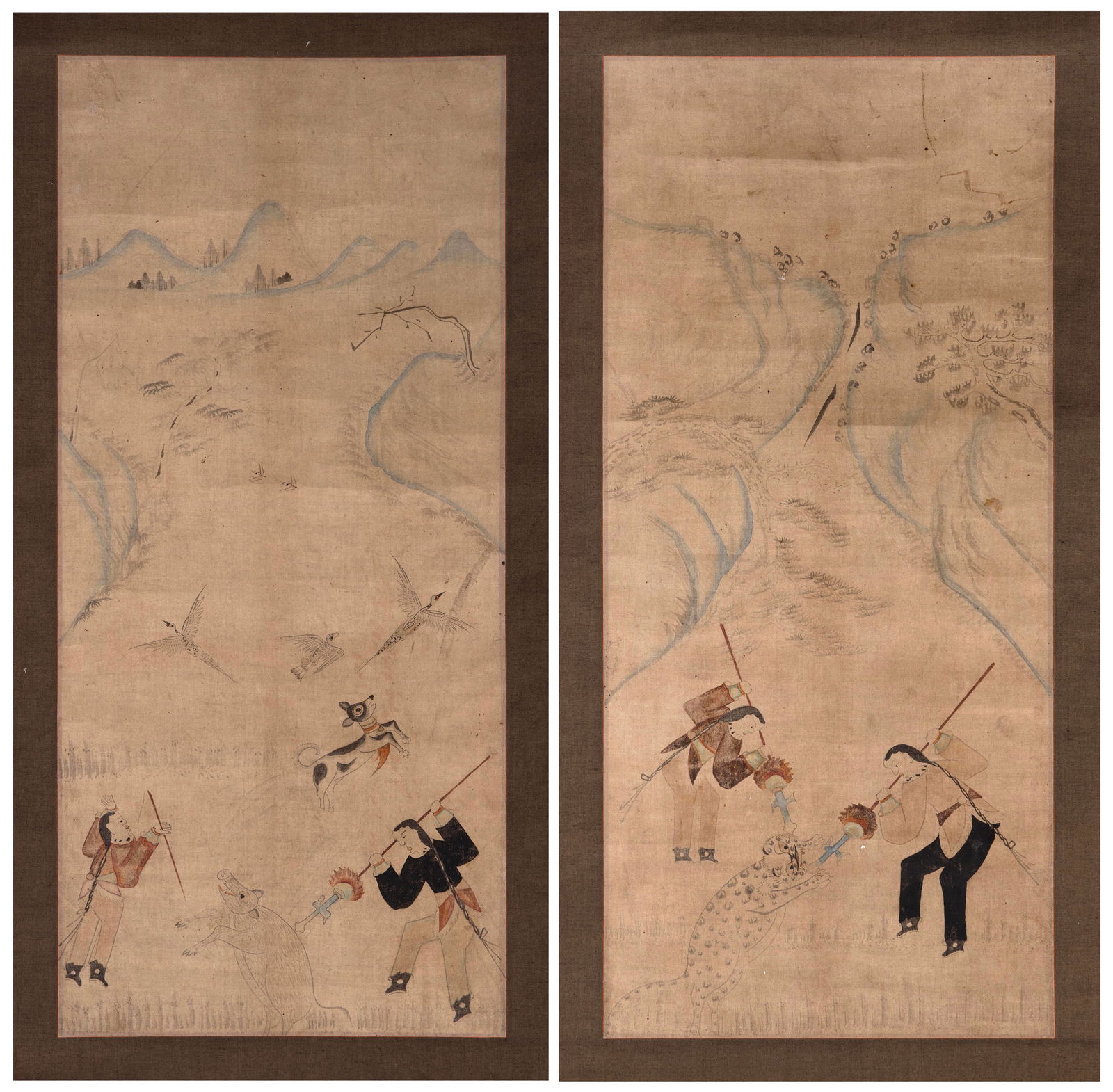 PAIR OF KOREAN SCROLL PAINTINGS ON SILK OF HUNTERS 20th Century 24.5" x 12". (1 of 3)