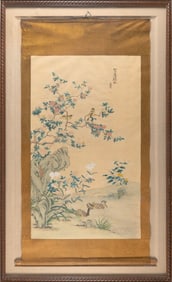 CHINESE SCROLL PAINTING ON SILK OF YELLOW SONGBIRDS Late 19th Century 44" x 26". Framed 68" x 41".