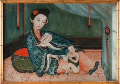CHINESE REVERSE PAINTING ON GLASS Late 19th/Early 20th Century 18" x 26". Framed 19" x 27".