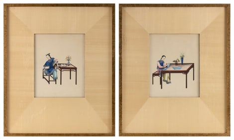 PAIR OF CHINESE PAINTINGS ON PAPER OF A WOMAN 19th Century 11" x 8.5" sight. Framed 23" x 19".