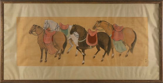 CHINESE PAINTING ON SILK OF FOUR HORSES 20th Century 17" x 45.5" sight. Framed 29" x 55".