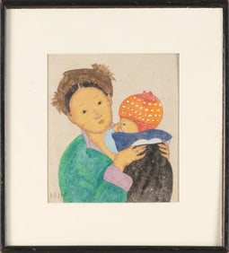 CHINESE WATERCOLOR AND INK PAINTING ON PAPER OF A MOTHER AND CHILD 20th Century 8" x 7.25" sight.