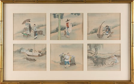 SET OF SIX CHINESE PRINTS OF FIGURES AT VARIOUS OUTDOOR PURSUITS Each print 6.5" x 8" sight. Framed