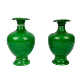 NEAR-PAIR OF CHINESE GREEN GLAZE PORCELAIN BALUSTER VASES Late 19th Century Heights approx. 8".