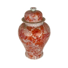 CHINESE SALMON RED AND WHITE PORCELAIN COVERED TEMPLE JAR Late 19th Century Height 19".