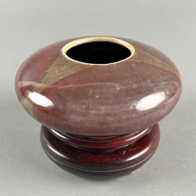 CHINESE PEACHBLOOM PORCELAIN BRUSH WASHER 20th Century Height 2.5". Diameter 5". Wood stand.