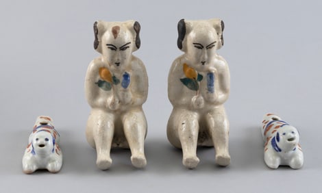 TWO PAIRS OF CHINESE PORCELAIN HO-HO BOY FIGURES 19th Century and Earlier