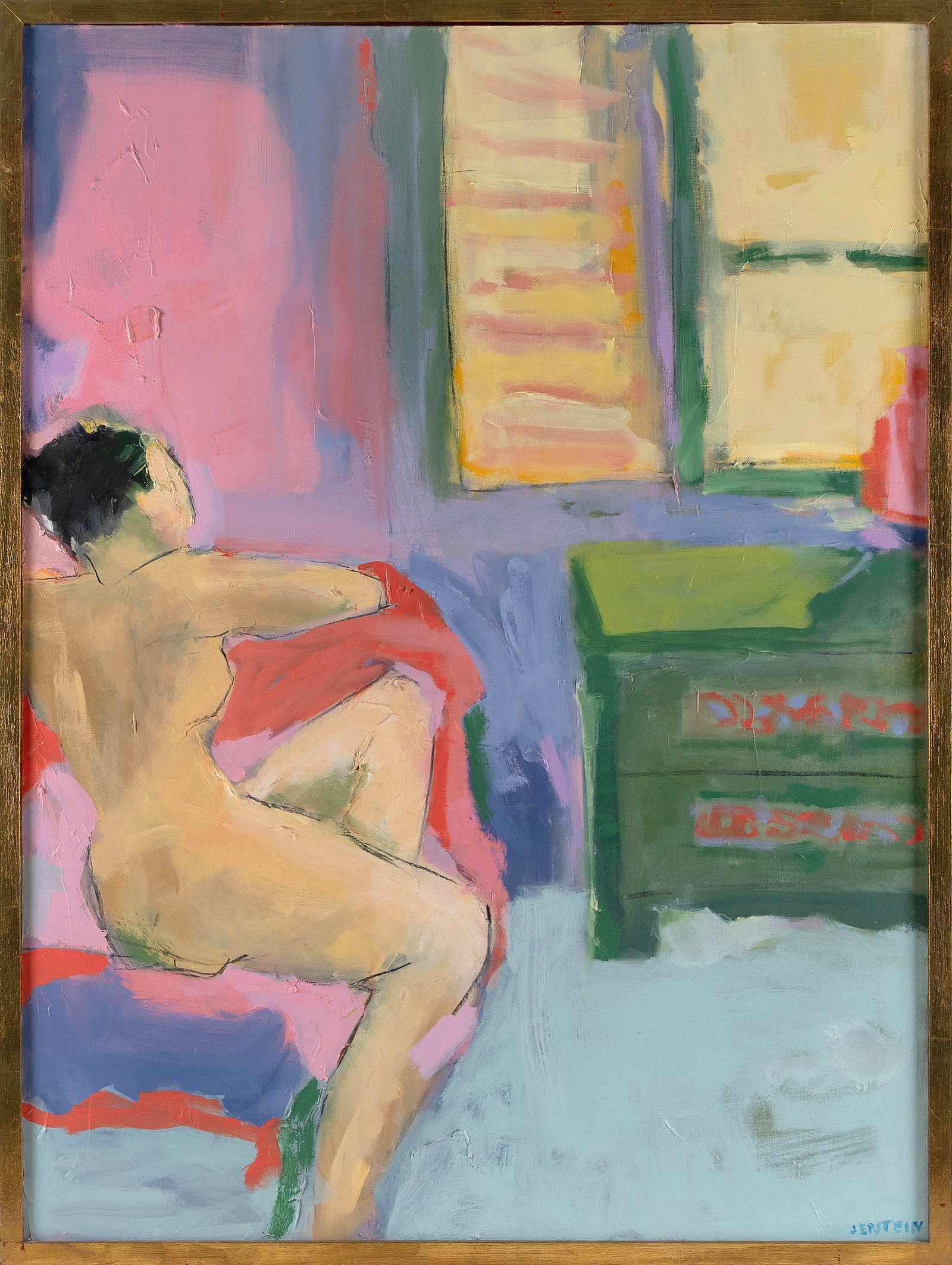 JILL HEIM EPSTEIN (America, 1951-), Nude in a bedroom., Oil on canvas, 40" x 30". Framed 41.5" x: JILL HEIM EPSTEIN America, 1951- Nude in a bedroom. Signed lower right "J. Epstein". Oil on canvas, 40" x 30". Framed 41.5" x 31.5".