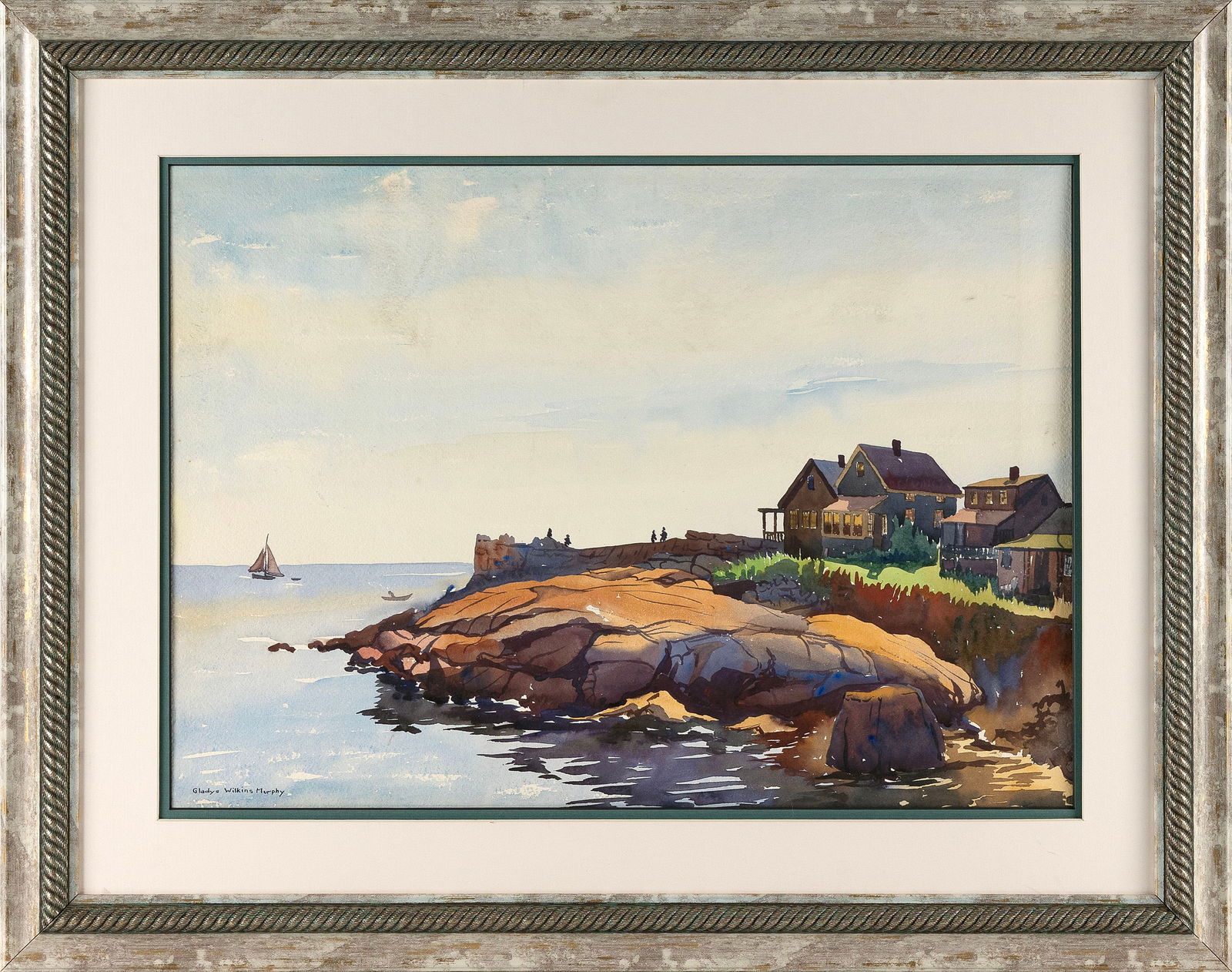 GLADYS WILKINS MURPHY (Rhode Island/Massachusetts, 1907-1985), Figures and cottages on a rocky (1 of 2)
