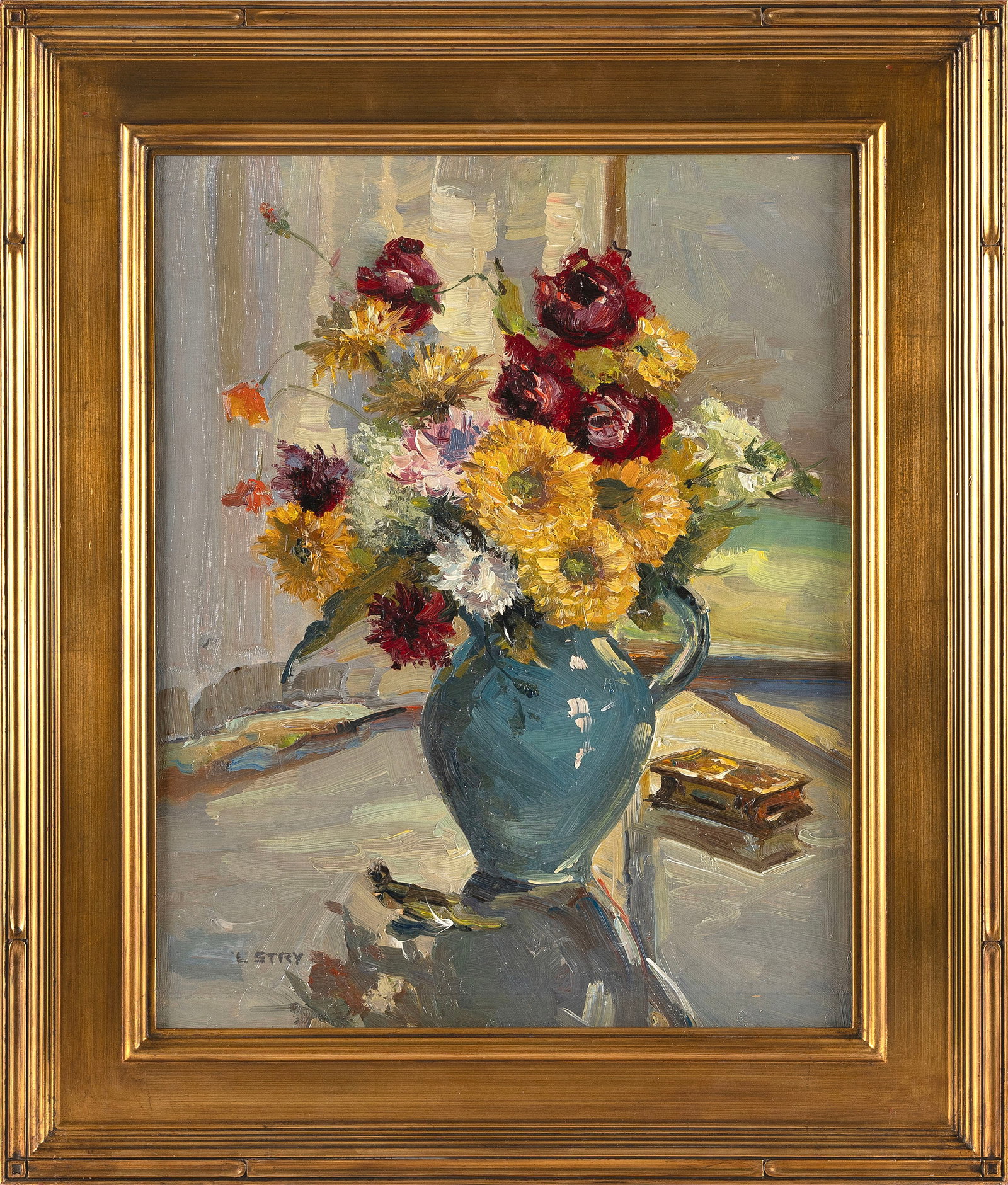 IRENE STRY (Massachusetts/New York/Hungary, 1899/1904-1963), Blue vase with mums and roses., Oil on: IRENE STRY Massachusetts/New York/Hungary, 1899/1904-1963 Blue vase with mums and roses. Signed lower left "I. Stry". Oil on board, 20" x 16". Framed 26.5" x 22.5".