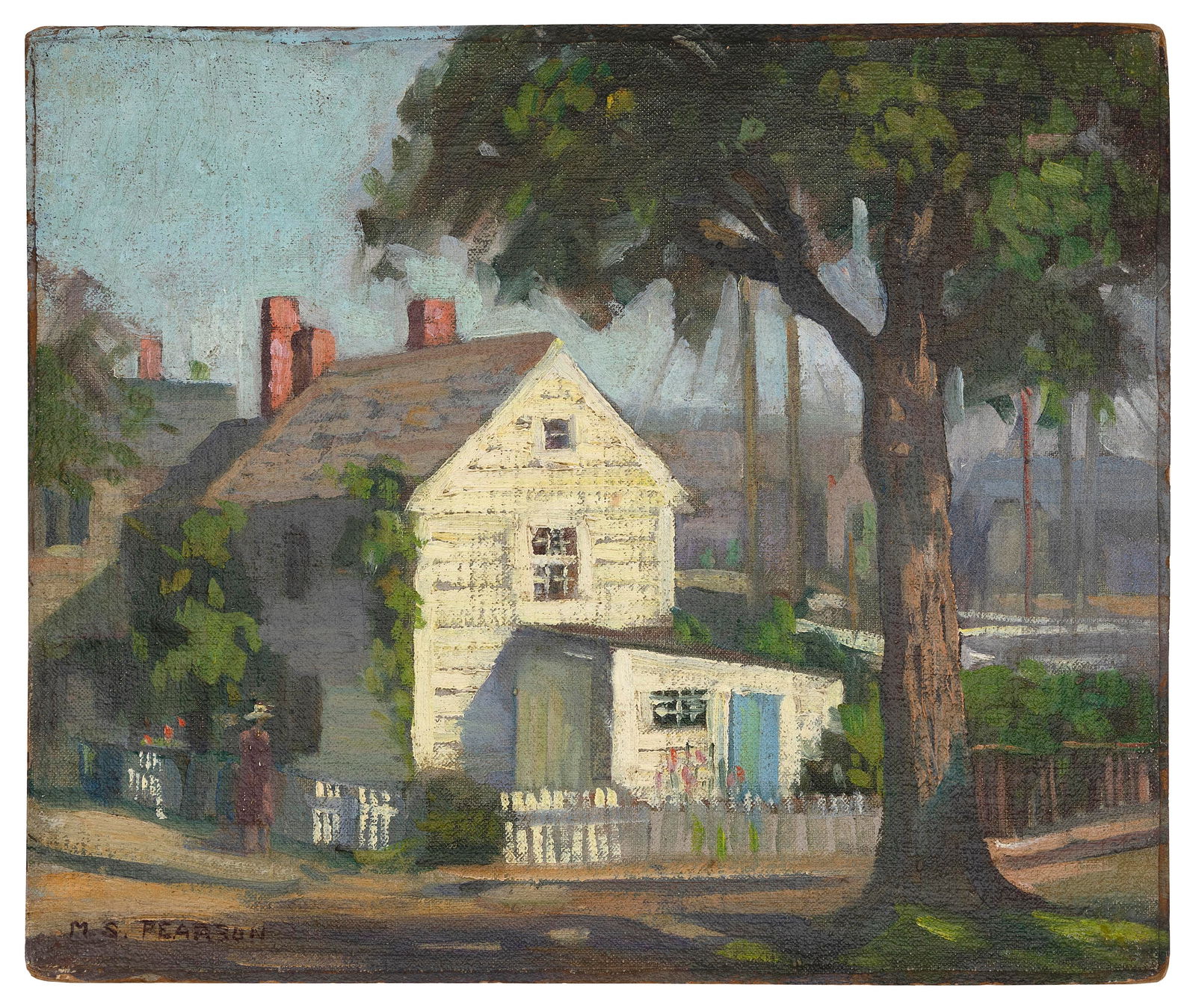 MARGUERITE STUBER PEARSON (Massachusetts, 1898-1978), A woman walking past a seaside home., Oil on (1 of 2)