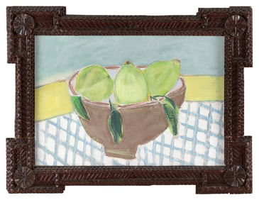 DIANA FORBES (England, Contemporary), "Pears and Gingham"., Oil on board, 12" x 16.5". Framed 16" x