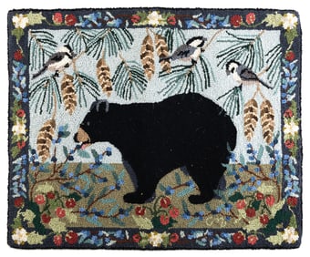 CLAIRE MURRAY BLACK BEAR HOOKED RUG 20th Century 24" x 36".