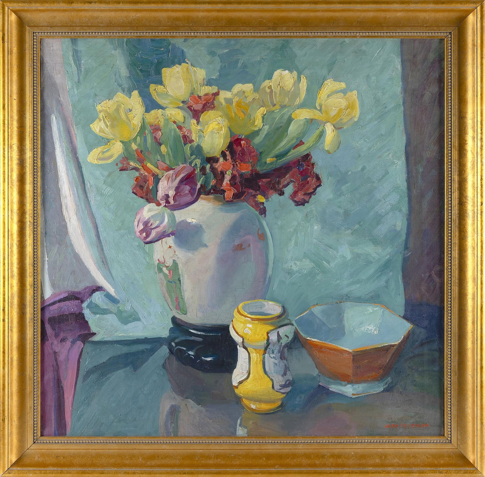 JANE PETERSON (Massachusetts/New York/Kansas/Illinois/France/Italy, 1876-1965), "Tulips"., Oil on: JANE PETERSONMassachusetts/New York/Kansas/Illinois/France/Italy, 1876-1965"Tulips". Signed lower right "Jane Peterson". Titled verso.Oil on canvas, 32" x 32". Framed. Exhibited:The American Woman's A