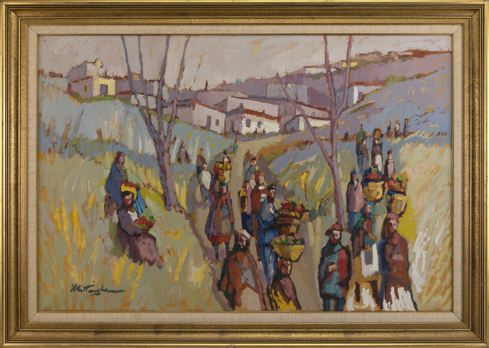 BONNIE WHITTINGHAM (Massachusetts/New York/California, 1921-1997), Villagers descending from a: BONNIE WHITTINGHAMMassachusetts/New York/California, 1921-1997Villagers descending from a marketplace. Signed lower left "Whittingham".Oil on canvas, 24" x 36". Framed 29" x 41". Provenance:Purchased