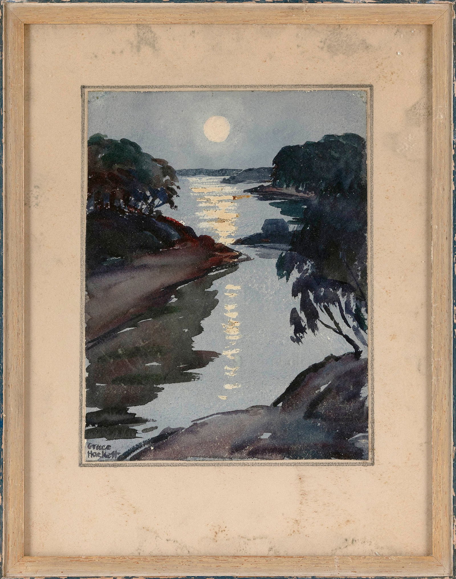 GRACE EDITH HACKETT (Massachusetts, 1874-1955), Moon reflecting on the water., Watercolor on paper, (1 of 2)