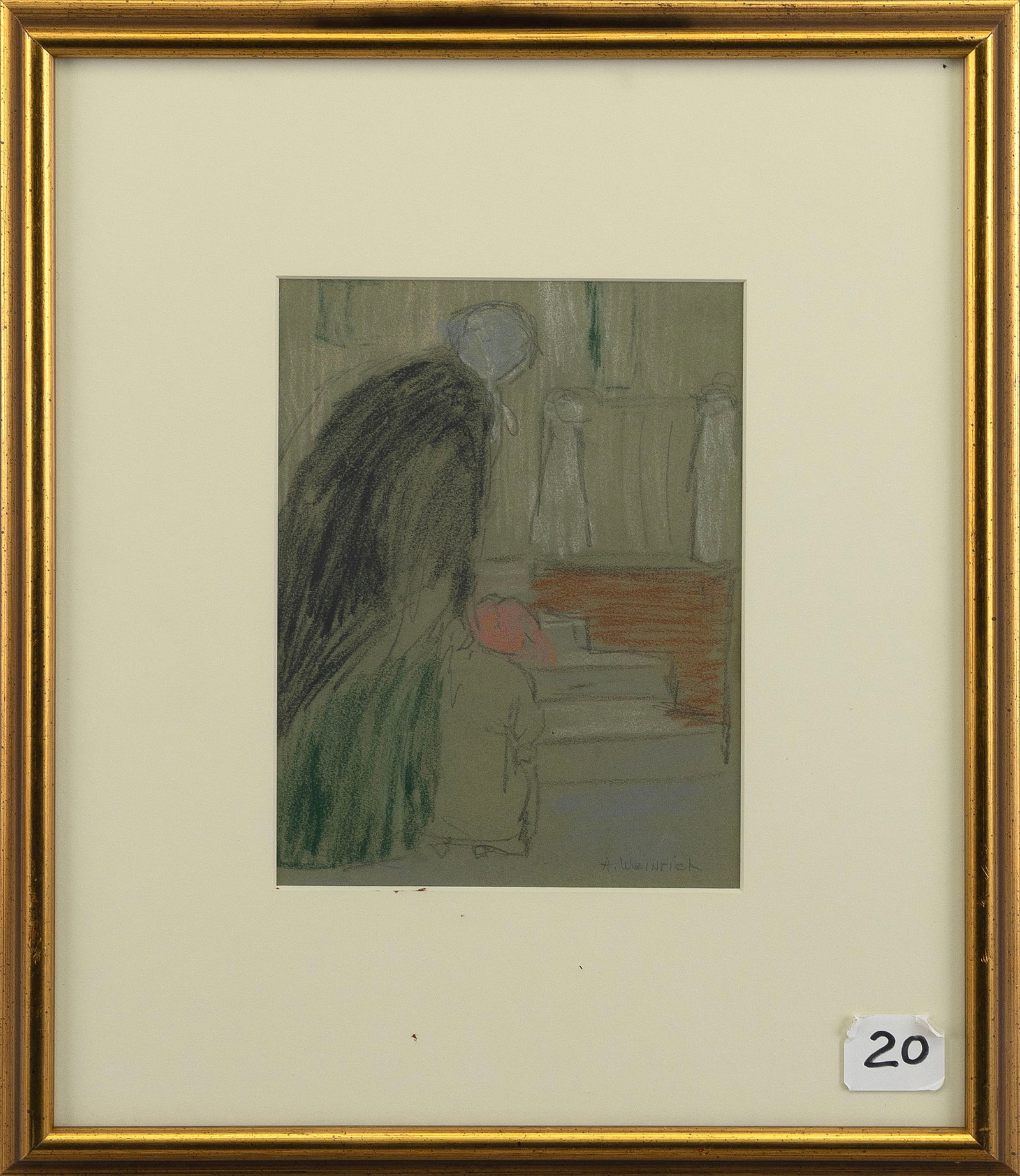 AGNES WEINRICH (Massachusetts/Iowa, 1873-1946), Woman with child., Pastels on greenish wove paper,: AGNES WEINRICH Massachusetts/Iowa, 1873-1946 Woman with child. Signed lower right "A. Weinrich". Pastels on greenish wove paper, 8.75" x 6.25". Framed.