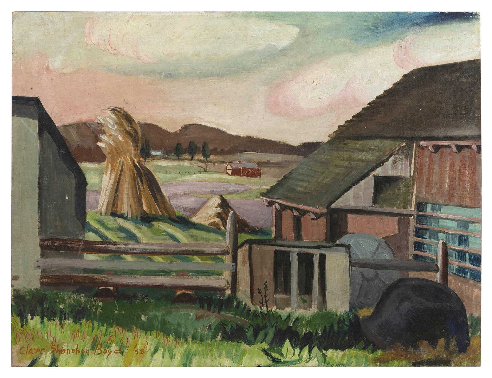 CLARE SHENESHON BOYD (Minnesota/New Hampshire/New Jersey, 1895-1986), Farmyard with haystacks., Oil: CLARE SHENESHON BOYD Minnesota/New Hampshire/New Jersey, 1895-1986 Farmyard with haystacks. Signed and dated lower left "Clare Sheneshon Boyd '38". Oil on board, 18" x 24". Unframed. Provenance: The E