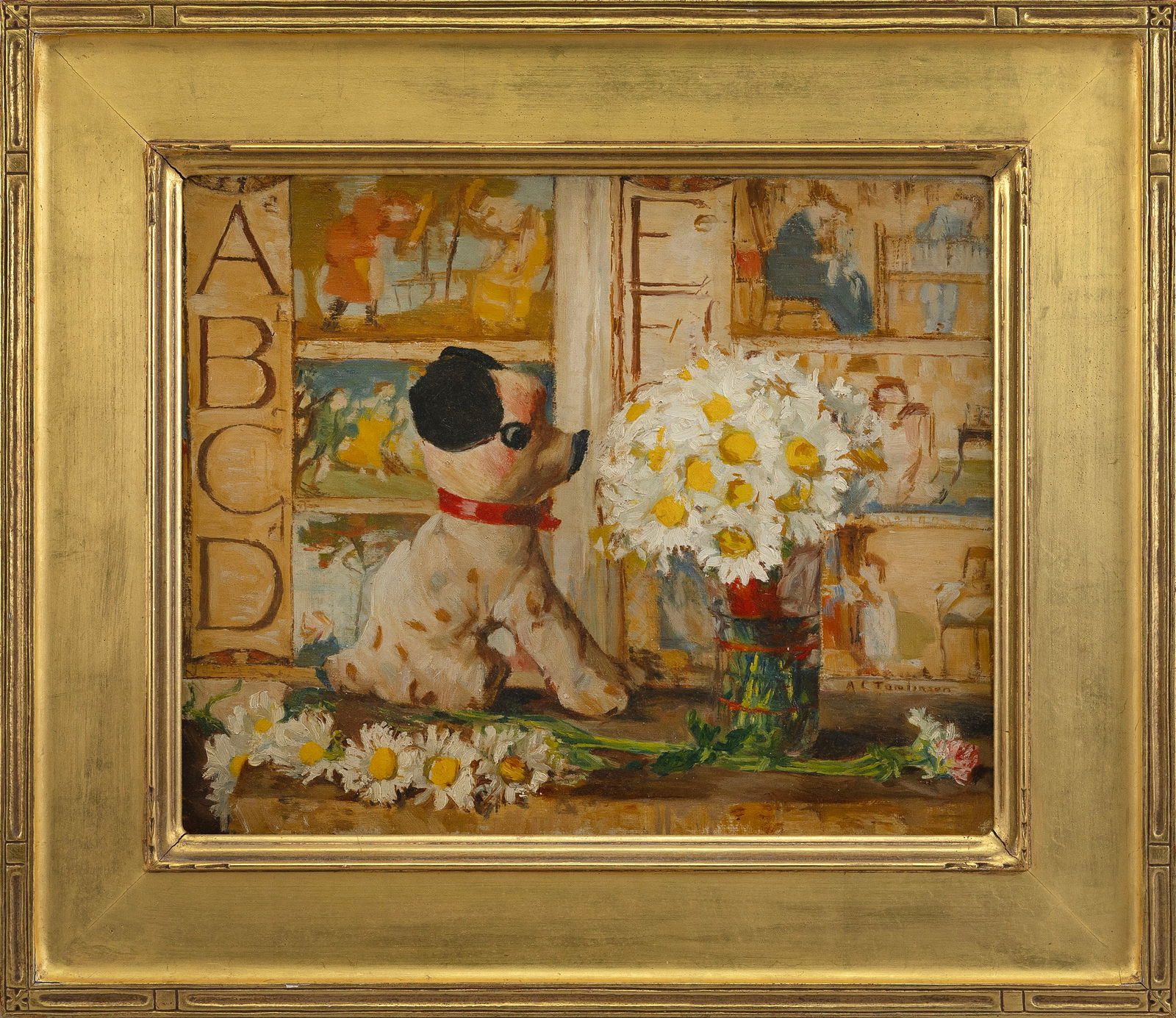ANNIE CLEMENTINE TOMLINSON (Massachusetts, 1872-1962), Still life of a stuffed toy dog and a bouquet (1 of 2)